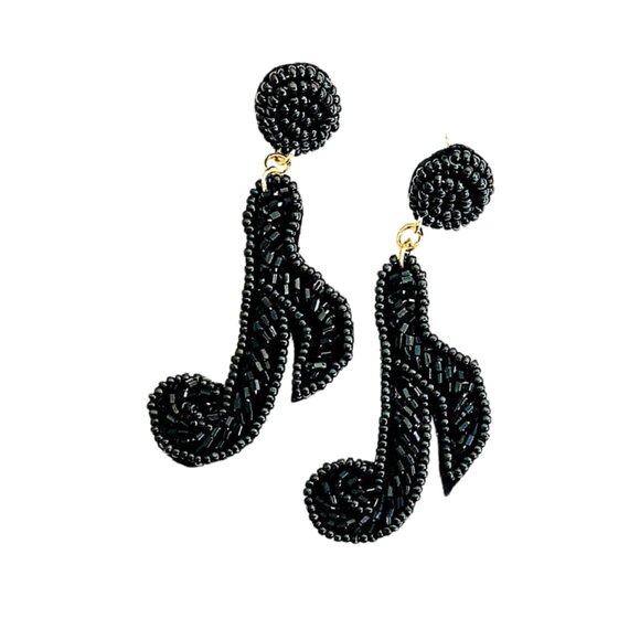Black Treble Music Note Musical Singer Band Beaded Statement Earrings NEW - Picture 2 of 2
